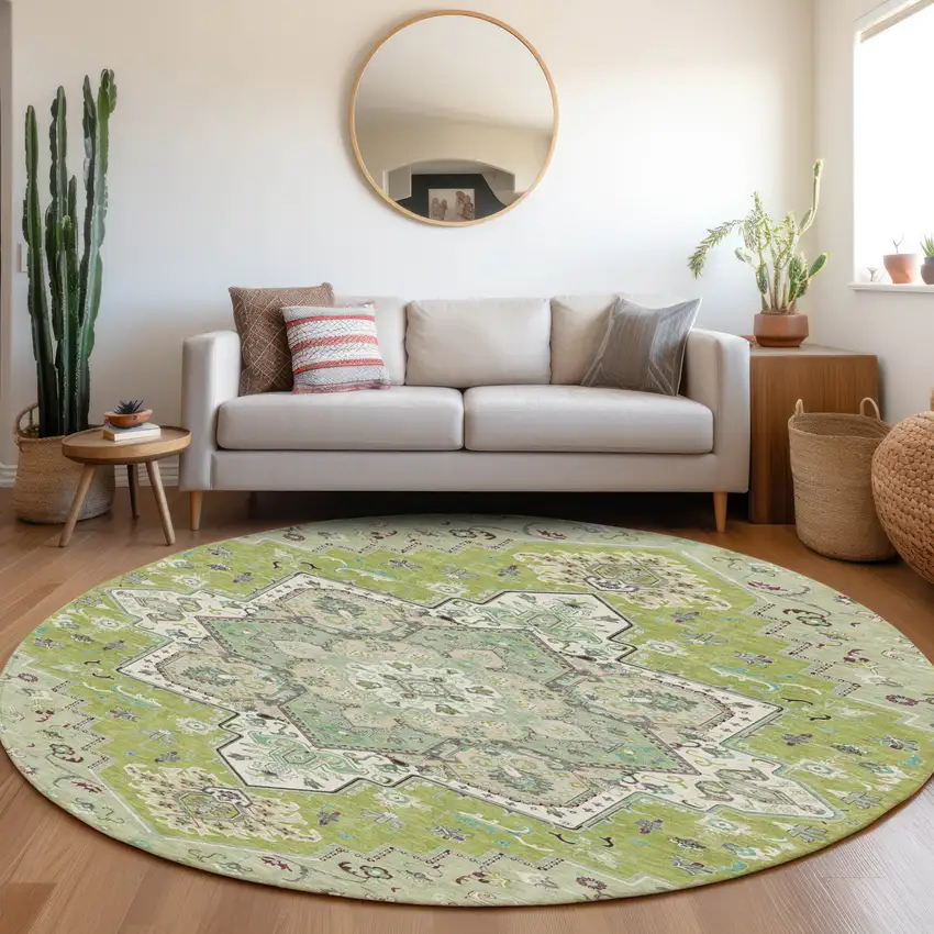 8' Green Ivory And Brown Round Oriental Washable Indoor Outdoor Area Rug Photo 8