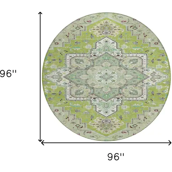 8' Green Ivory And Brown Round Oriental Washable Indoor Outdoor Area Rug Photo 3