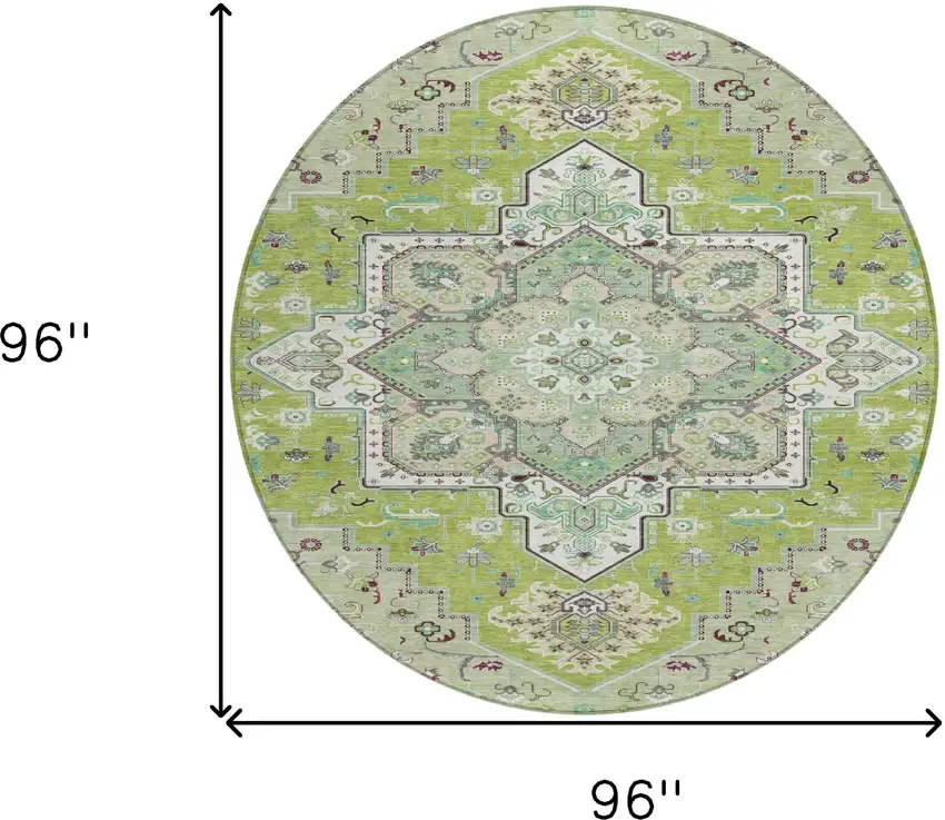 8' Green Ivory And Brown Round Oriental Washable Indoor Outdoor Area Rug Photo 3