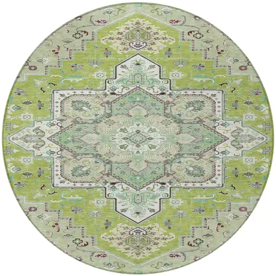 8' Green Ivory And Brown Round Oriental Washable Indoor Outdoor Area Rug Photo 6