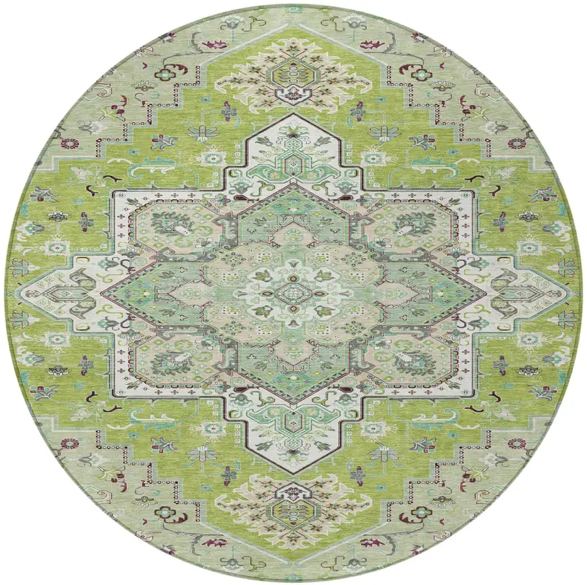 8' Green Ivory And Brown Round Oriental Washable Indoor Outdoor Area Rug Photo 6