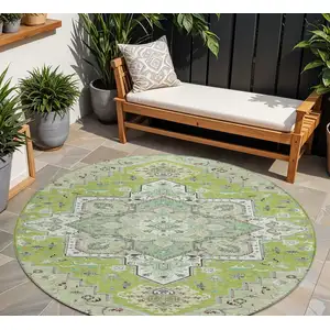 Photo of 8' Green Ivory And Brown Round Oriental Washable Indoor Outdoor Area Rug