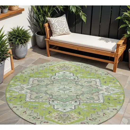 8' Green Ivory And Brown Round Oriental Washable Indoor Outdoor Area Rug Photo 1