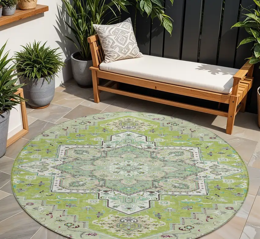 8' Green Ivory And Brown Round Oriental Washable Indoor Outdoor Area Rug Photo 1