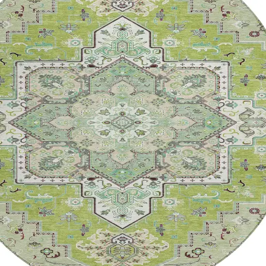 8' Green Ivory And Brown Round Oriental Washable Indoor Outdoor Area Rug Photo 4