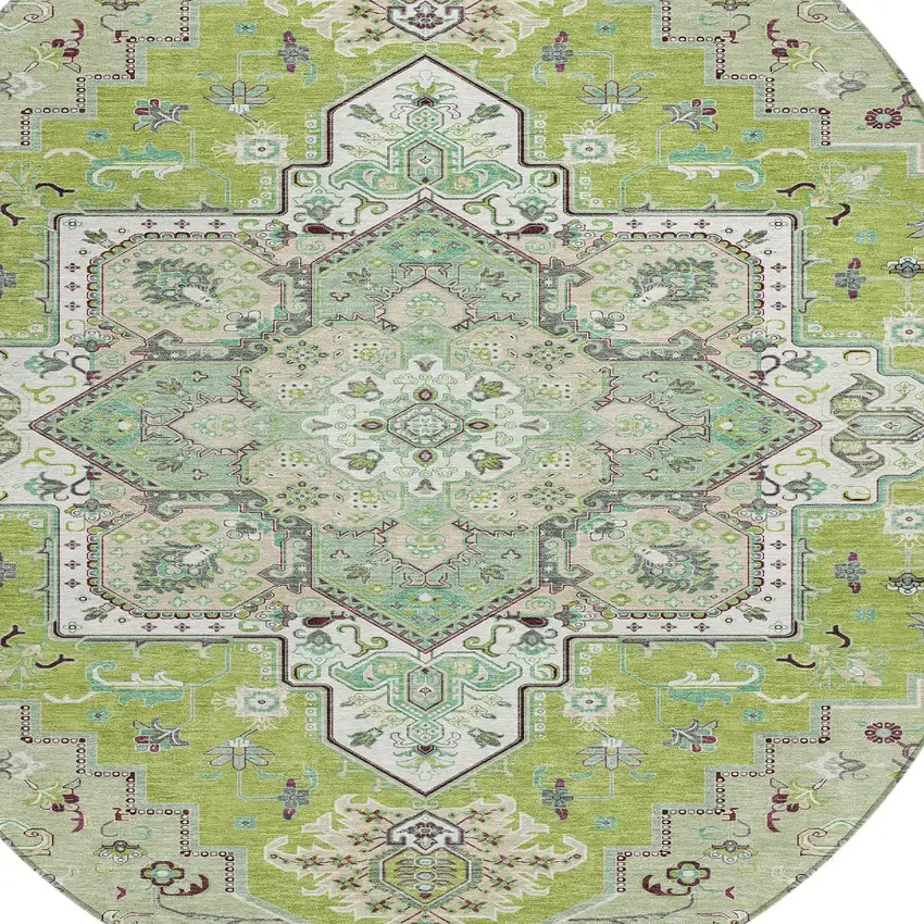 8' Green Ivory And Brown Round Oriental Washable Indoor Outdoor Area Rug Photo 4