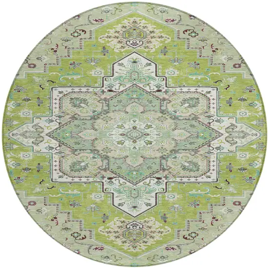 8' Green Ivory And Brown Round Oriental Washable Indoor Outdoor Area Rug Photo 2