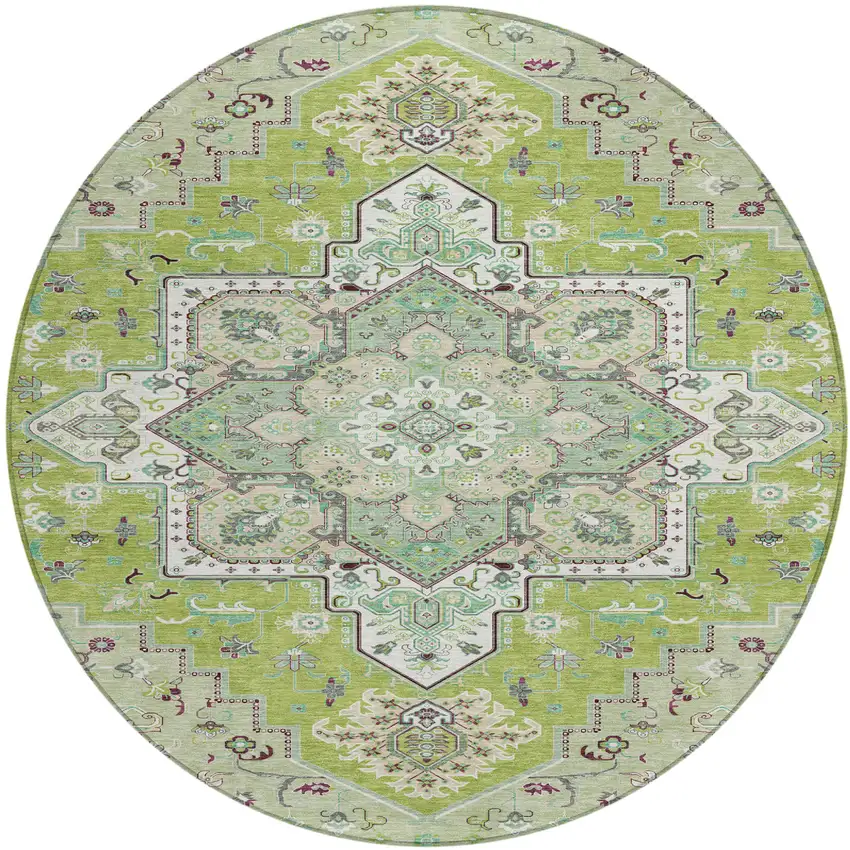 8' Green Ivory And Brown Round Oriental Washable Indoor Outdoor Area Rug Photo 2