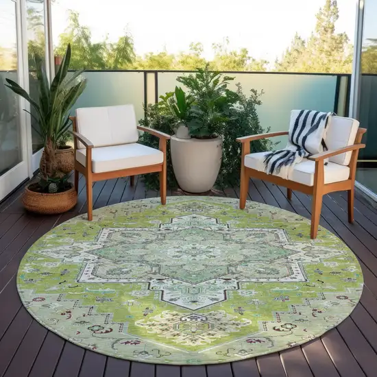 8' Green Ivory And Brown Round Oriental Washable Indoor Outdoor Area Rug Photo 7