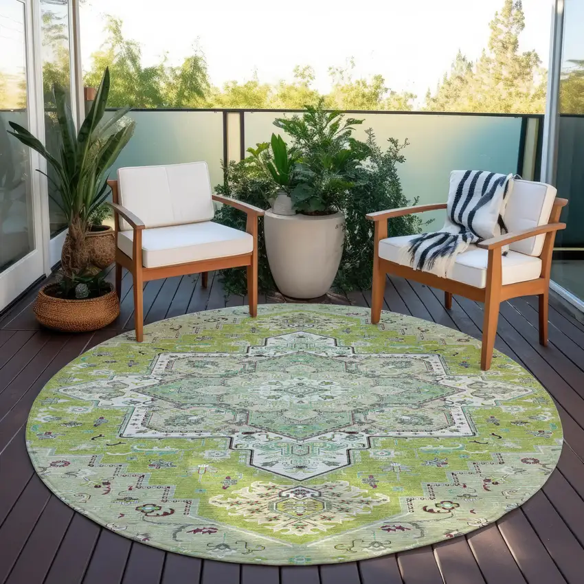 8' Green Ivory And Brown Round Oriental Washable Indoor Outdoor Area Rug Photo 7