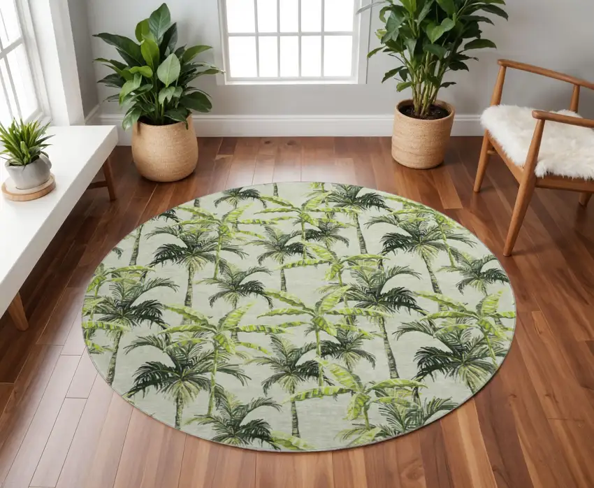 8' Green Ivory And Charcoal Geometric Washable Round Rug With UV Protection Photo 1