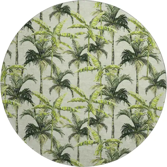 8' Green Ivory And Charcoal Geometric Washable Round Rug With UV Protection Photo 2