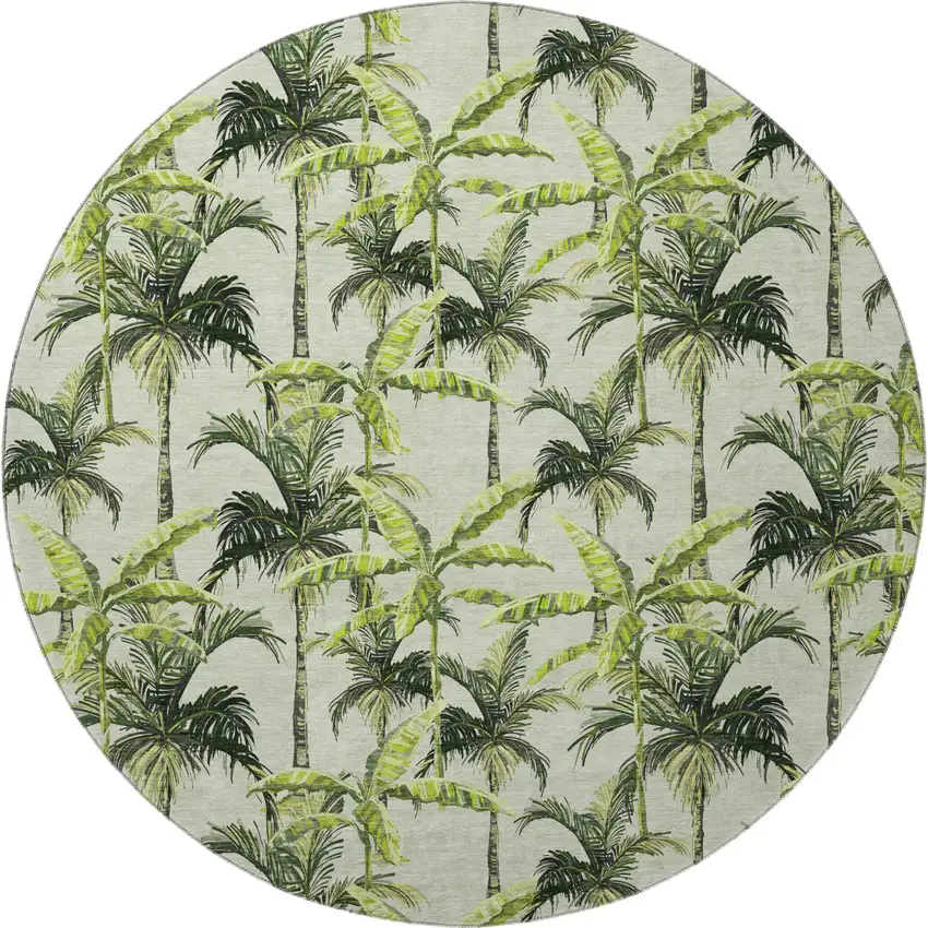 8' Green Ivory And Charcoal Geometric Washable Round Rug With UV Protection Photo 4