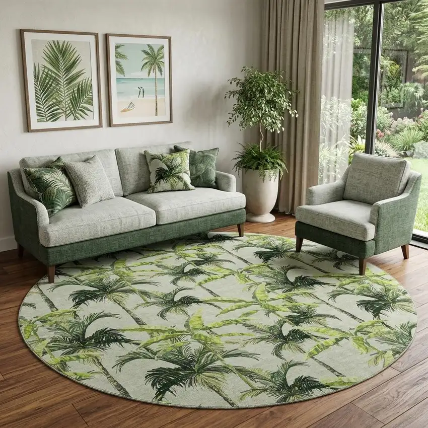 8' Green Ivory And Charcoal Geometric Washable Round Rug With UV Protection Photo 1