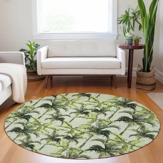 8' Green Ivory And Charcoal Geometric Washable Round Rug With UV Protection Photo 5