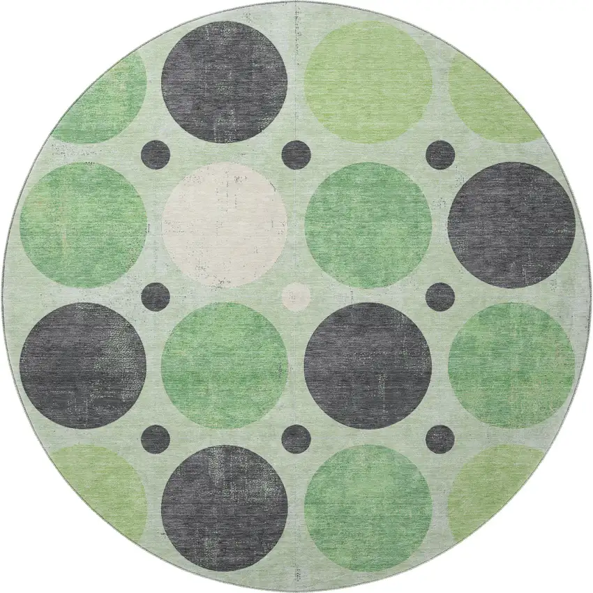 8' Green Ivory And Charcoal Geometric Washable Round Rug With UV Protection Photo 4