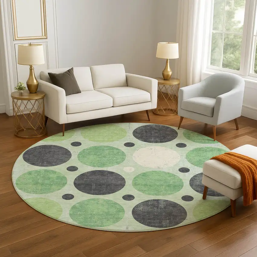 8' Green Ivory And Charcoal Geometric Washable Round Rug With UV Protection Photo 5