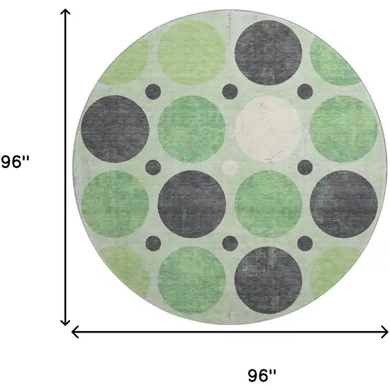 8' Green Ivory And Charcoal Geometric Washable Round Rug With UV Protection Photo 9