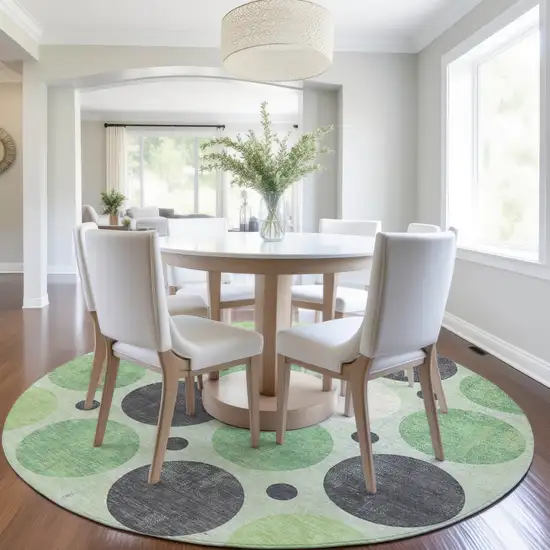8' Green Ivory And Charcoal Round Geometric Washable Indoor Outdoor Area Rug Photo 6