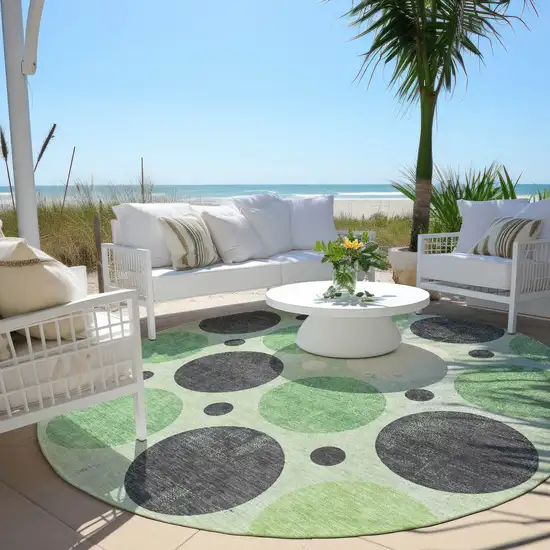 8' Green Ivory And Charcoal Round Geometric Washable Indoor Outdoor Area Rug Photo 5