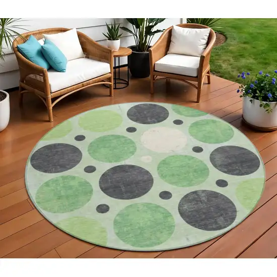 8' Green Ivory And Charcoal Round Geometric Washable Indoor Outdoor Area Rug Photo 2