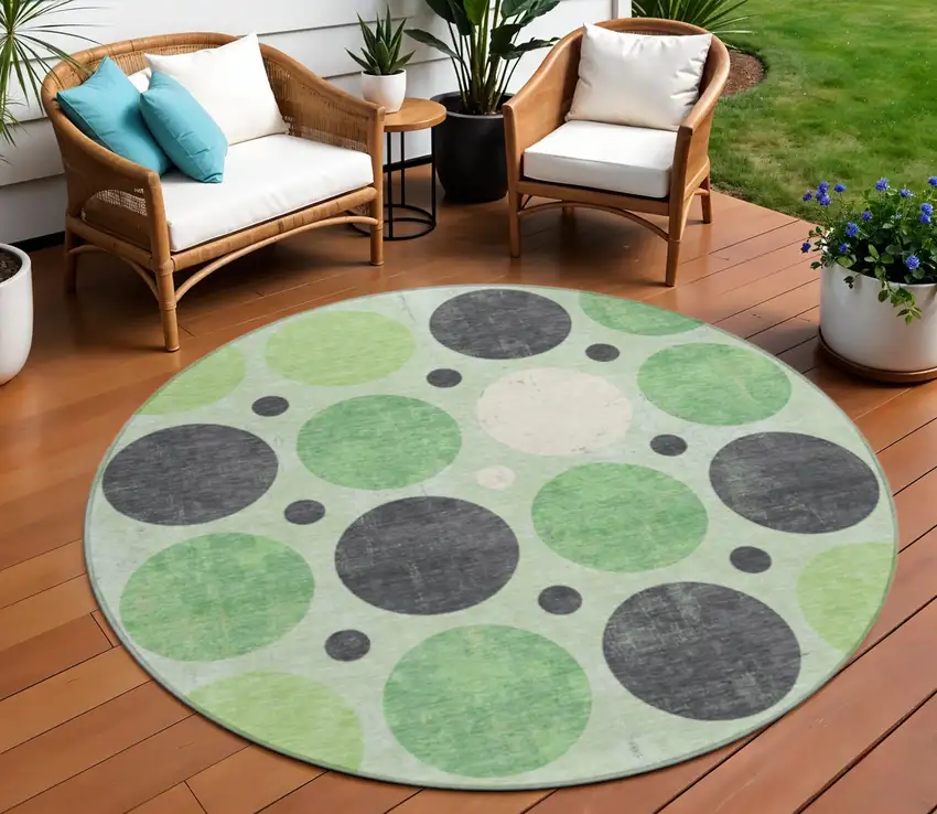 8' Green Ivory And Charcoal Round Geometric Washable Indoor Outdoor Area Rug Photo 2