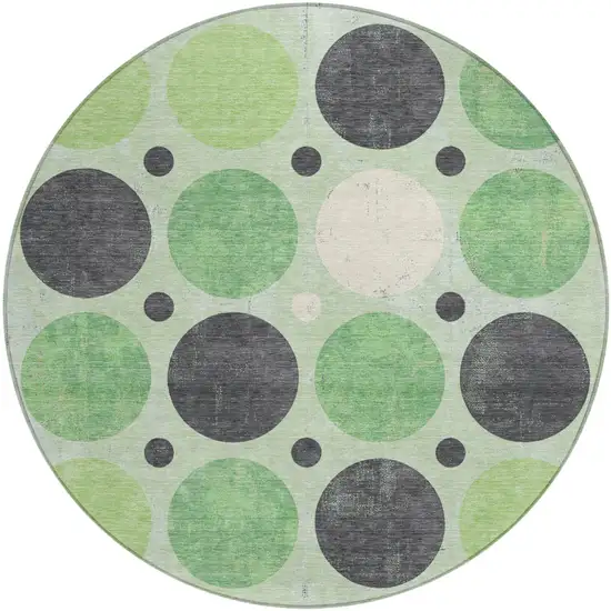 8' Green Ivory And Charcoal Round Geometric Washable Indoor Outdoor Area Rug Photo 1