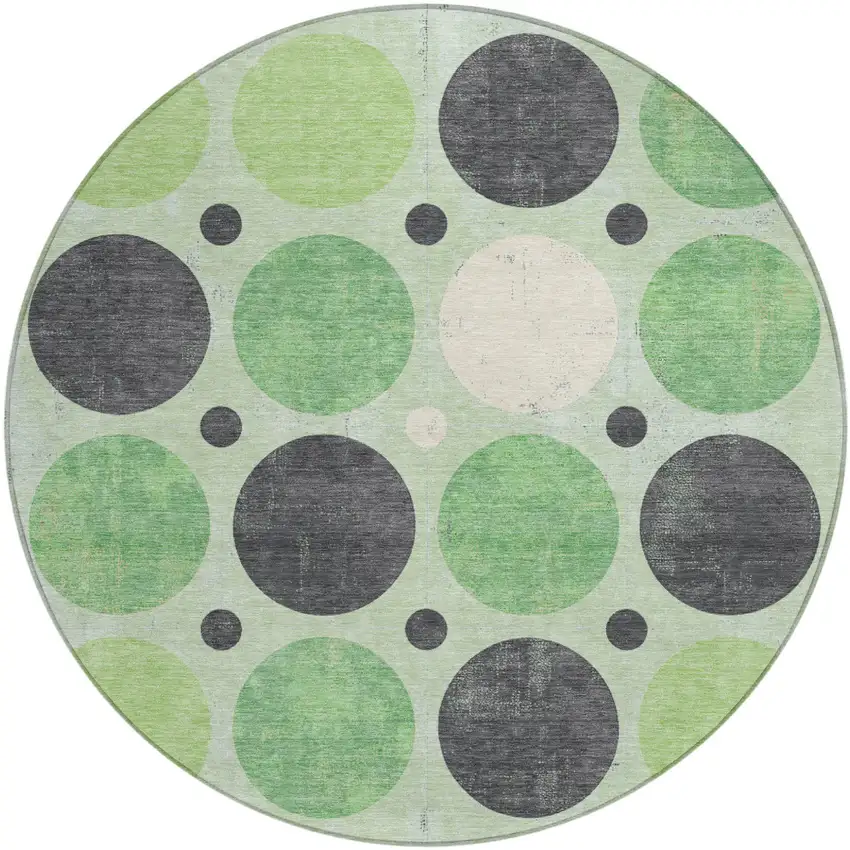 8' Green Ivory And Charcoal Round Geometric Washable Indoor Outdoor Area Rug Photo 1