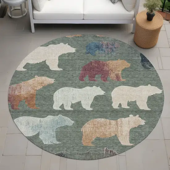 8' Green Ivory And Copper Round Animal Print Washable Indoor Outdoor Area Rug Photo 8
