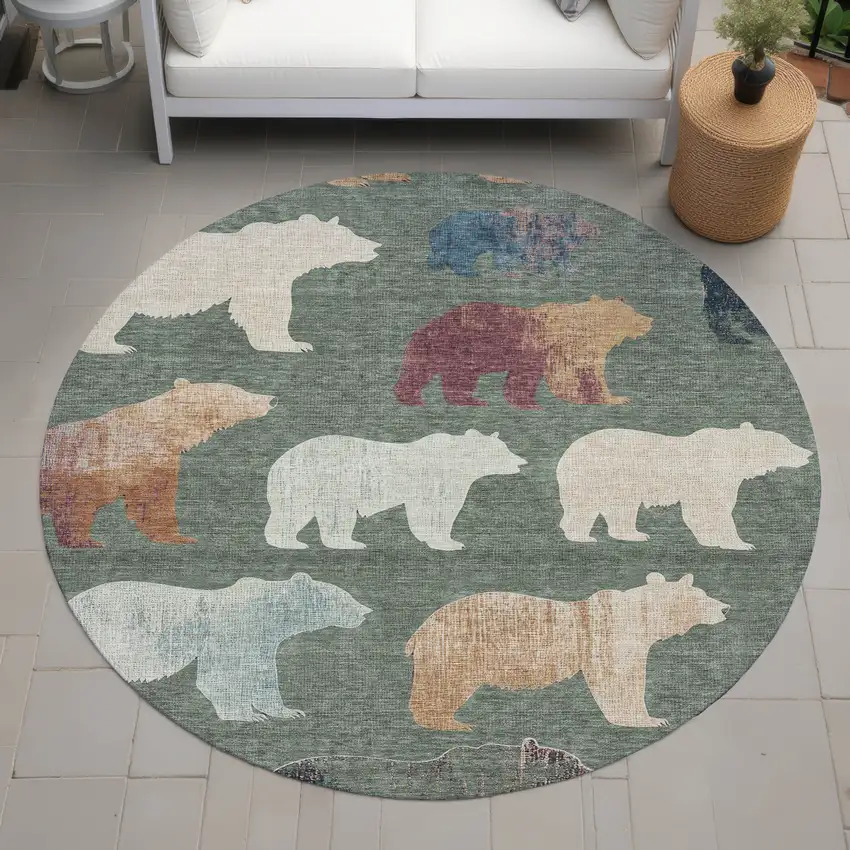 8' Green Ivory And Copper Round Animal Print Washable Indoor Outdoor Area Rug Photo 8