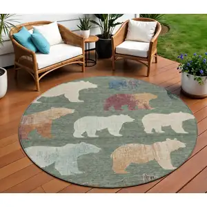 Photo of 8' Green Ivory And Copper Round Animal Print Washable Indoor Outdoor Area Rug