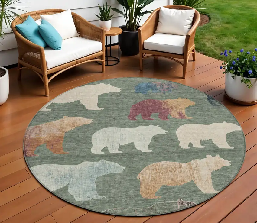 8' Green Ivory And Copper Round Animal Print Washable Indoor Outdoor Area Rug Photo 1