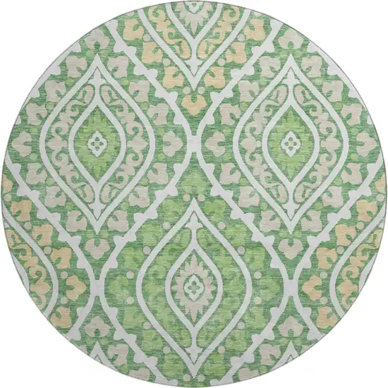 8' Green Ivory And Gold Diamond Washable Round Rug With UV Protection Photo 1