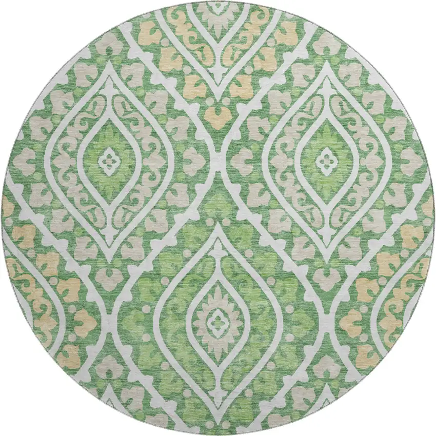 8' Green Ivory And Gold Diamond Washable Round Rug With UV Protection Photo 1