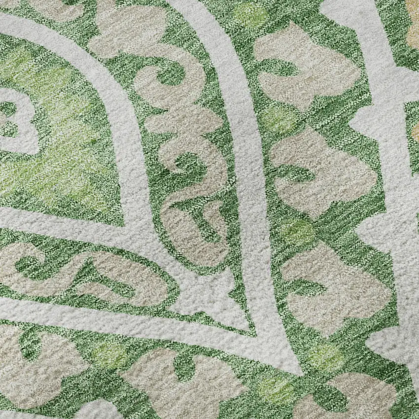 8' Green Ivory And Gold Diamond Washable Round Rug With UV Protection Photo 9