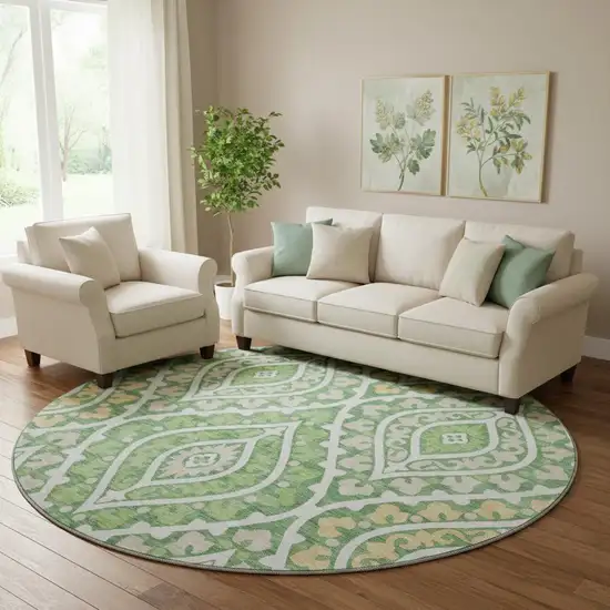 8' Green Ivory And Gold Diamond Washable Round Rug With UV Protection Photo 1