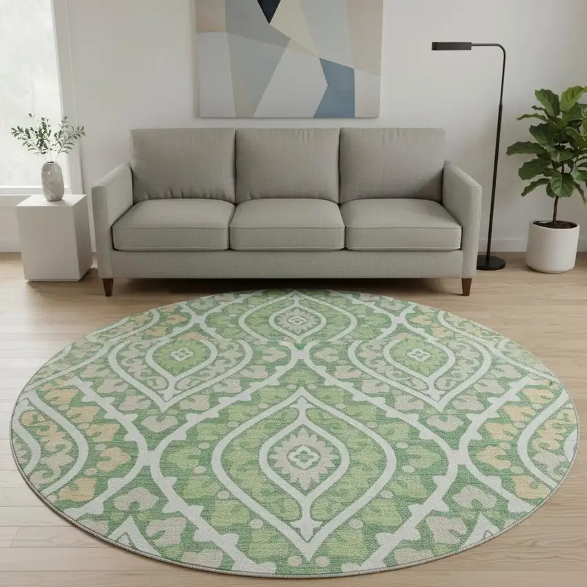 8' Green Ivory And Gold Diamond Washable Round Rug With UV Protection Photo 2