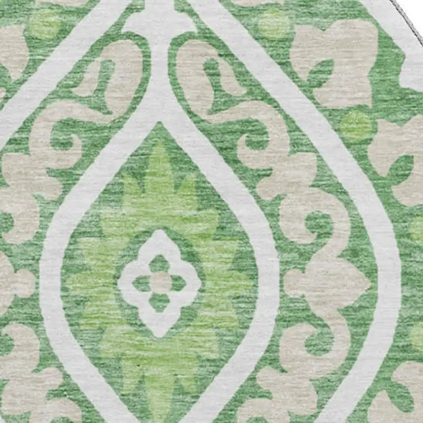 8' Green Ivory And Gold Diamond Washable Round Rug With UV Protection Photo 3