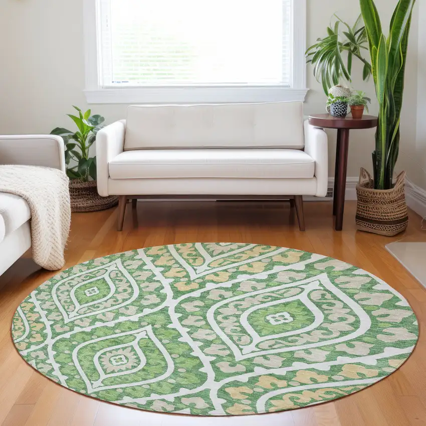8' Green Ivory And Gold Diamond Washable Round Rug With UV Protection Photo 5