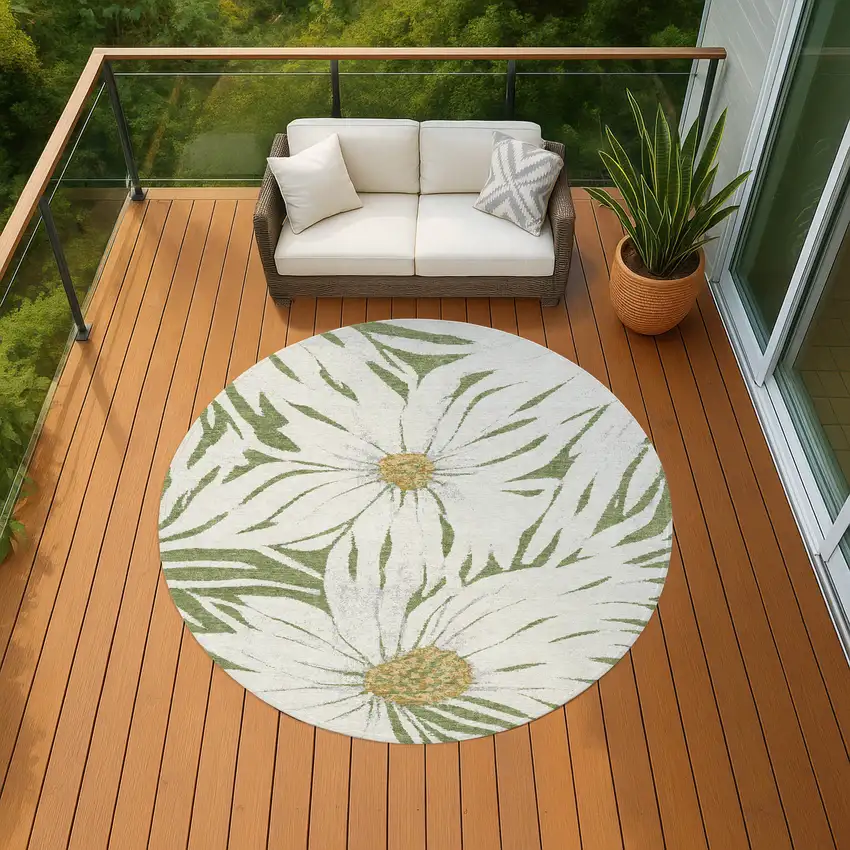8' Green Ivory And Gold Round Floral Washable Indoor Outdoor Area Rug Photo 7