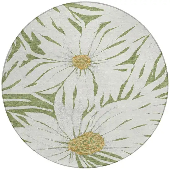 8' Green Ivory And Gold Round Floral Washable Indoor Outdoor Area Rug Photo 4