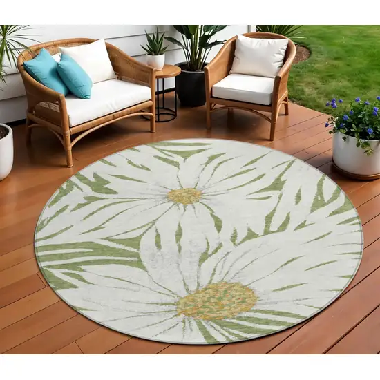 8' Green Ivory And Gold Round Floral Washable Indoor Outdoor Area Rug Photo 1