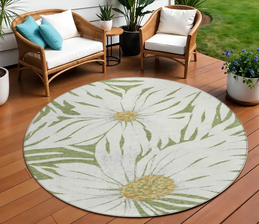 8' Green Ivory And Gold Round Floral Washable Indoor Outdoor Area Rug Photo 1