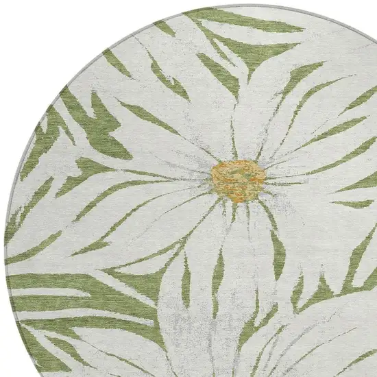 8' Green Ivory And Gold Round Floral Washable Indoor Outdoor Area Rug Photo 6