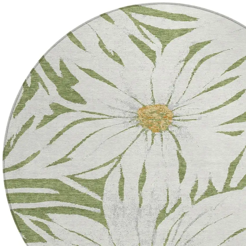 8' Green Ivory And Gold Round Floral Washable Indoor Outdoor Area Rug Photo 6