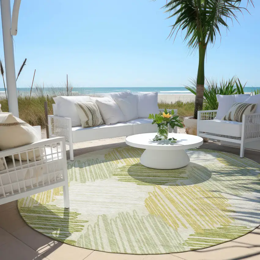 8' Green Ivory And Gold Round Geometric Washable Indoor Outdoor Area Rug Photo 5