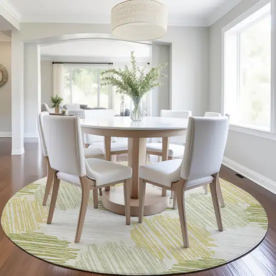 8' Green Ivory And Gold Round Geometric Washable Indoor Outdoor Area Rug Photo 6