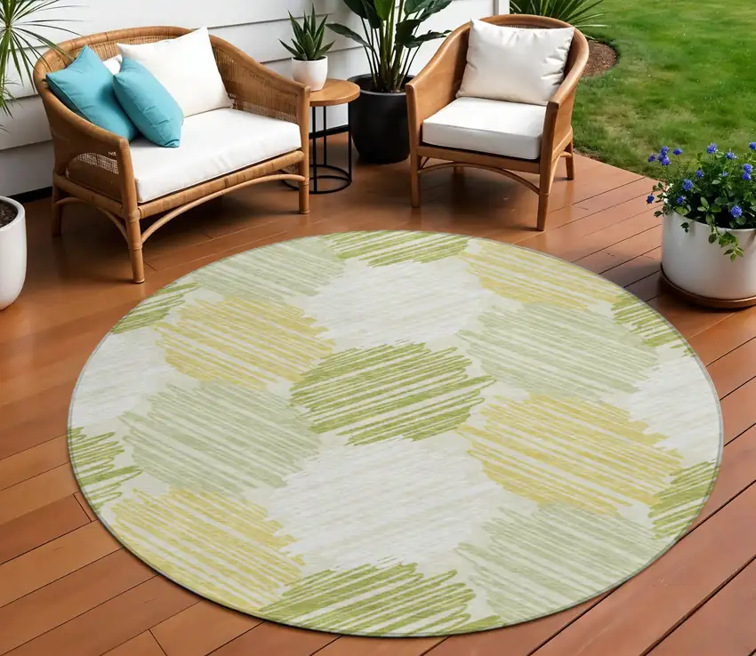 8' Green Ivory And Gold Round Geometric Washable Indoor Outdoor Area Rug Photo 2