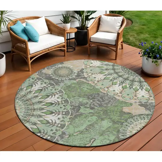 8' Green Ivory And Gold Round Paisley Washable Indoor Outdoor Area Rug Photo 1