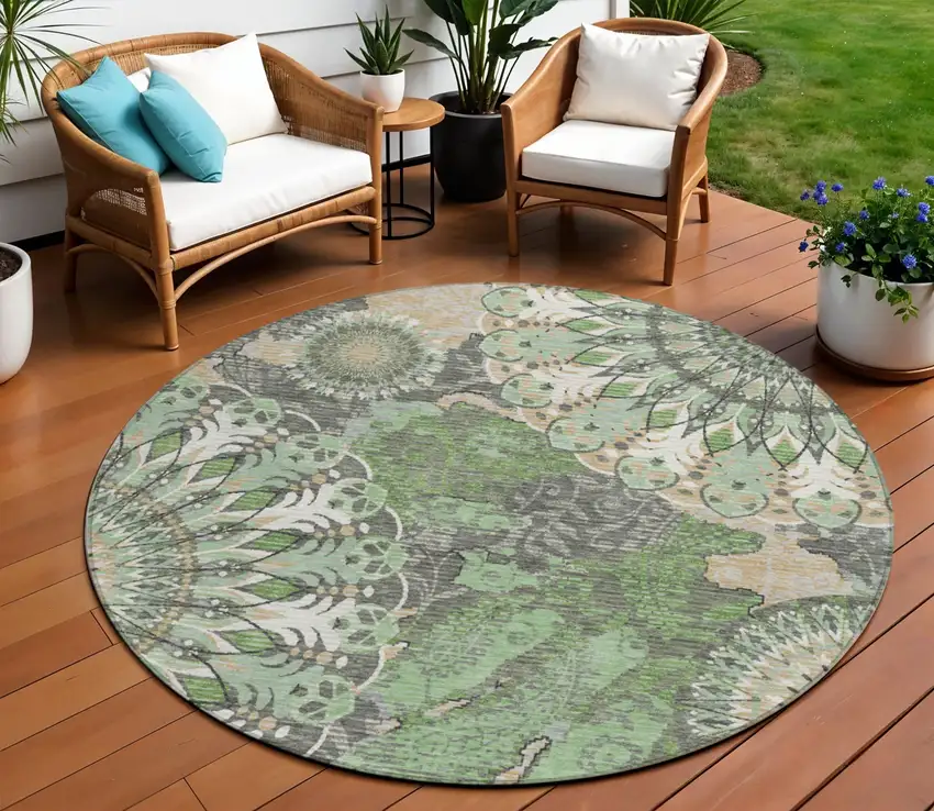 8' Green Ivory And Gold Round Paisley Washable Indoor Outdoor Area Rug Photo 1